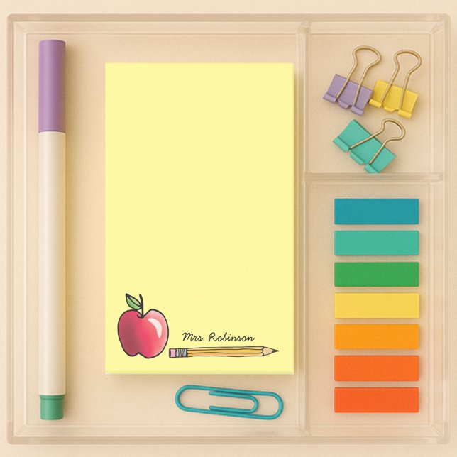 Apple and Pencil Personalised Teacher Yellow 4 x 6 Post-it Notes (4x6 sticky notes with an apple and pencil on yellow background with a teachers name to customize
)