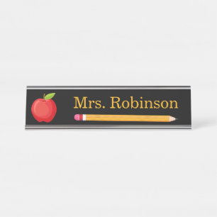 Apple and Pencil Teacher Black Modern Desk Name Plate
