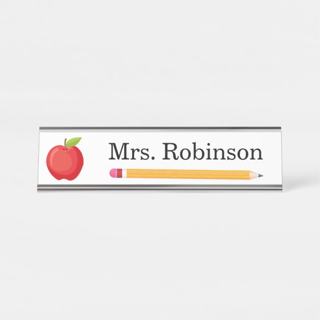 Apple and Pencil Teacher Modern Desk Name Plate (Front)