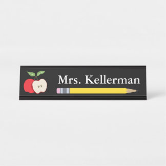 Apple and Pencil Teacher's Name Black Desk Name Plate