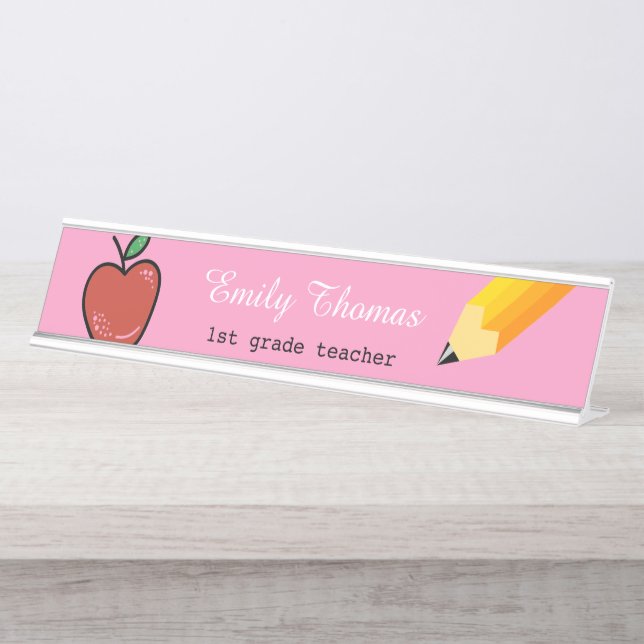 Apple And Yellow Pencil  School Teacher Classroom Desk Name Plate (Front)