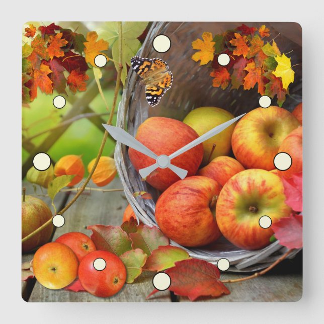 Apple Basket Autumn Scene Square Wall Clock (Front)