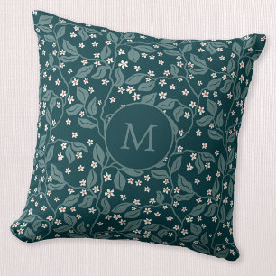 Apple Blossom Branches Botanical Green Monogram Cushion