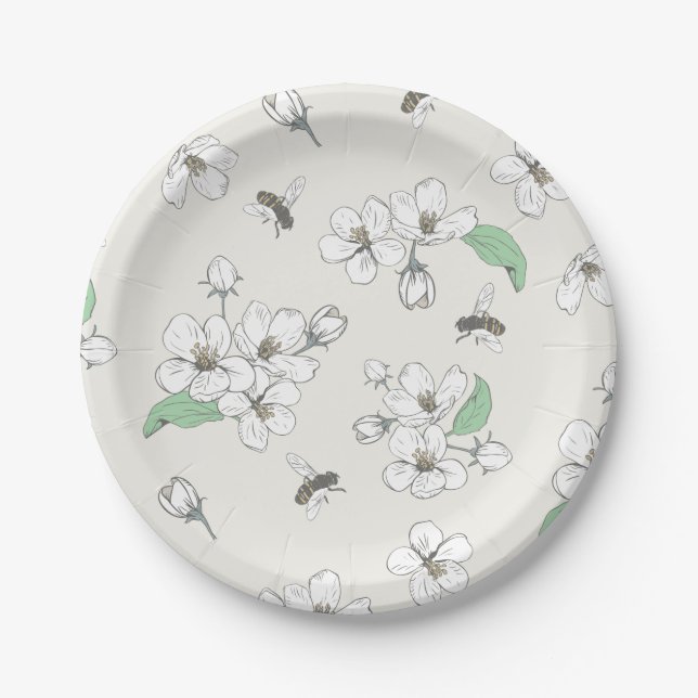 Apple Blossom Honey Bee Ivory White Paper Plate (Front)