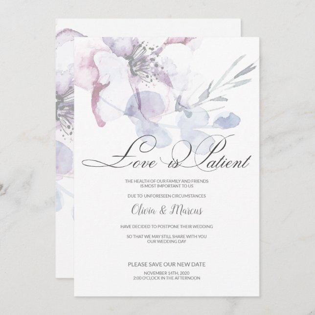 Apple Blossom Love is Patient Wedding Postponement Invitation (Front/Back)