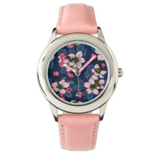Apple blossom on a dark blue watch
