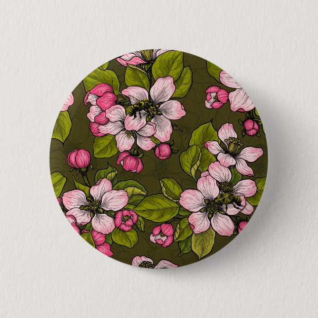 Apple blossom on dark green 6 cm round badge (Front)
