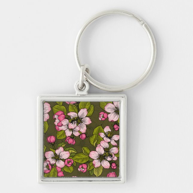 Apple blossom on dark green key ring (Front)