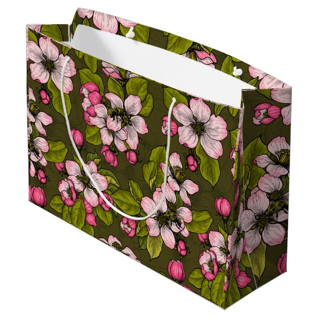 Apple blossom on dark green large gift bag (Back Angled)