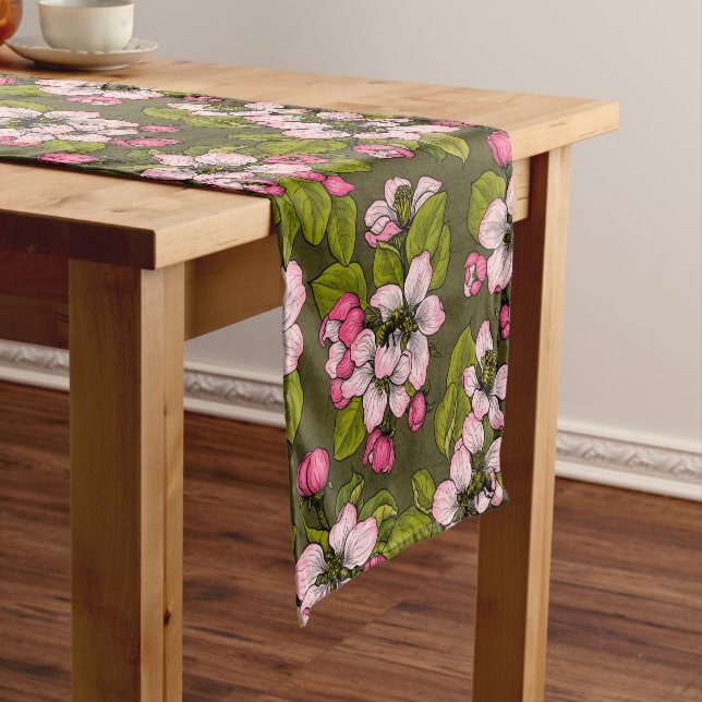 Apple blossom on dark green short table runner (In Situ)