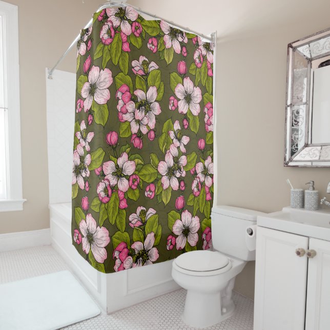 Apple blossom on dark green shower curtain (In Situ)