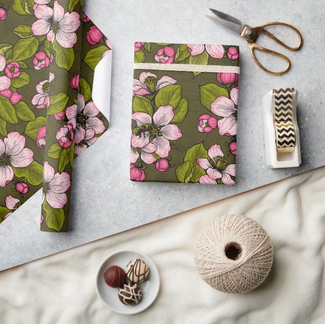 Apple blossom on dark green wrapping paper (Crafts)