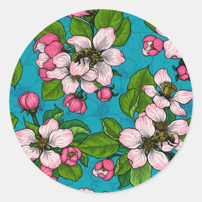Apple blossom on turquoise classic round sticker (Front)