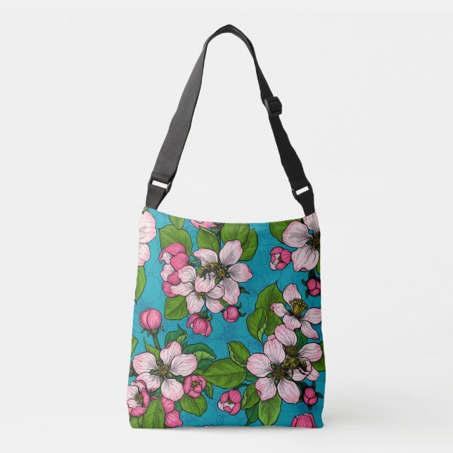 Apple blossom on turquoise crossbody bag (Front)