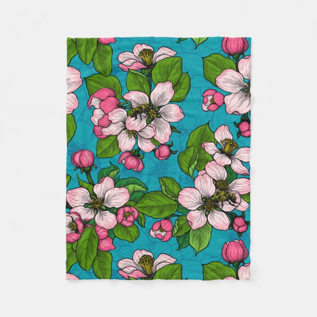 Apple blossom on turquoise fleece blanket (Front)