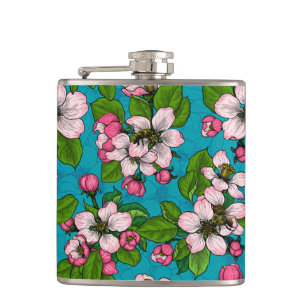 Apple blossom on turquoise hip flask