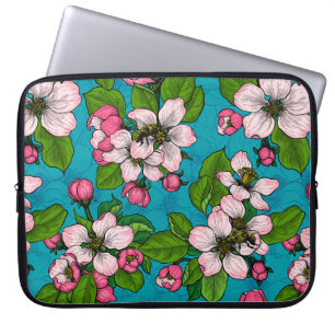Apple blossom on turquoise laptop sleeve