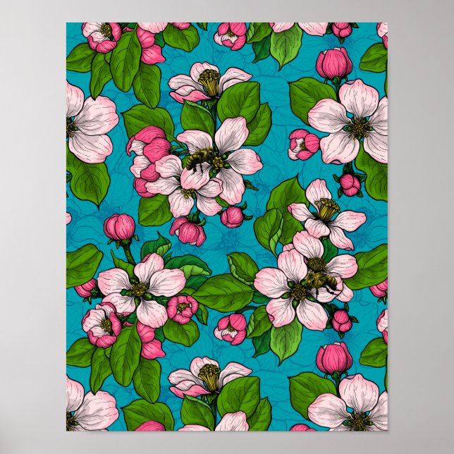Apple blossom on turquoise poster (Front)