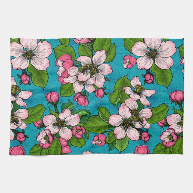 Apple blossom on turquoise tea towel (Horizontal)
