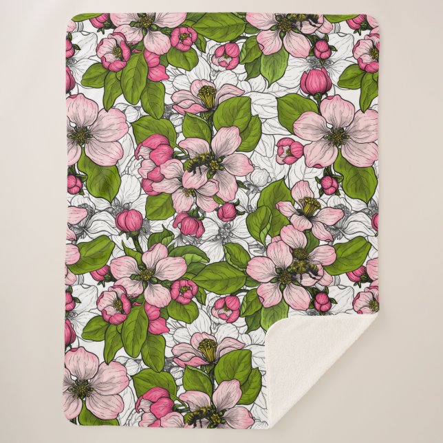 Apple blossom on white sherpa blanket (Front)