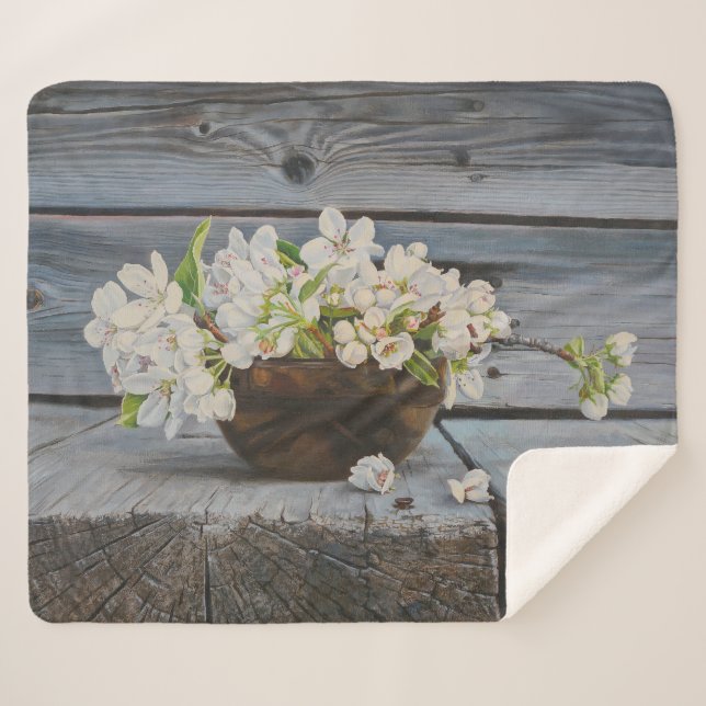 Apple Blossom Still Life – Original Fine Art Print Sherpa Blanket (Front (Horizontal))