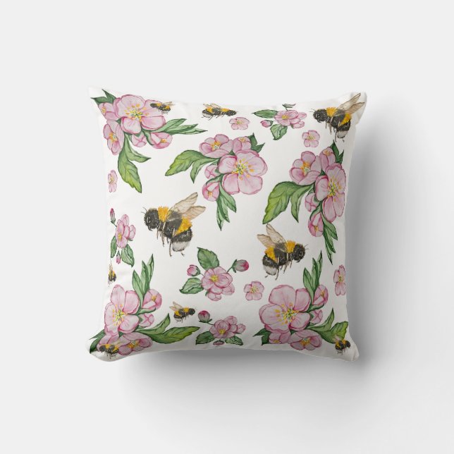 Apple blossom tree and bees watercolor pattern cushion (Front)
