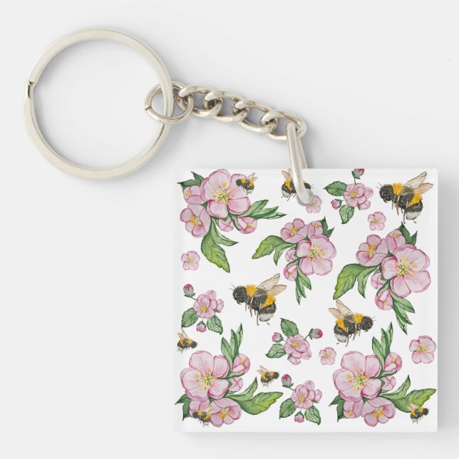Apple blossom tree and bees watercolor pattern key ring (Front)