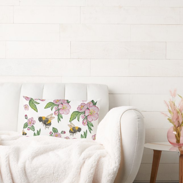 Apple blossom tree and bees watercolor pattern lumbar cushion (Couch)