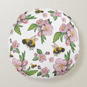 Apple blossom tree and bees watercolor pattern round cushion