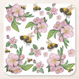 Apple blossom tree and bees watercolor pattern square paper coaster