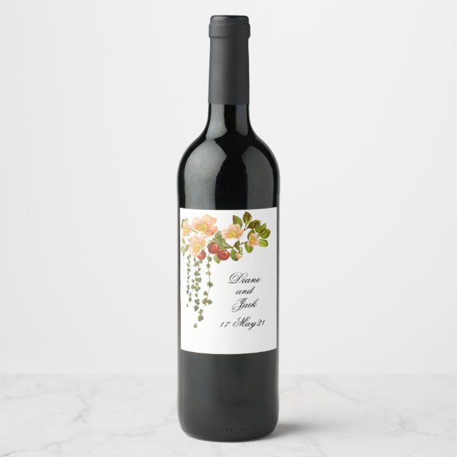 Apple Blossom Watercolor Stems Wedding Wine Label (Front)
