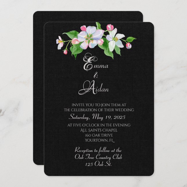 apple blossoms on black wedding invite (Front/Back)