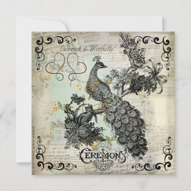 Apple Blossoms Peacock Wedding Invitation (Front)