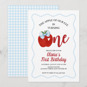 Apple blue Bow preppy Coquette 1st birthday Invitation
