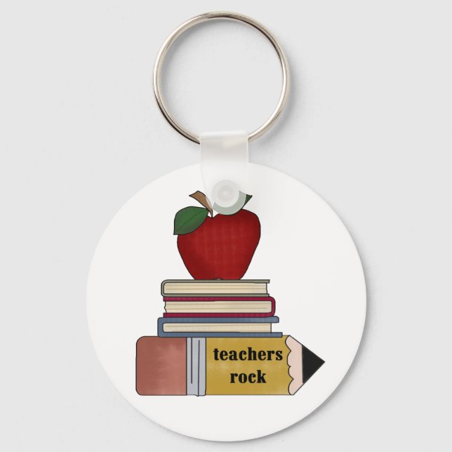 Apple, Books, Pencil Teachers Rock Key Ring (Front)