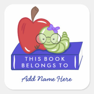 Apple & Bookworm This Book Belongs To Square Sticker