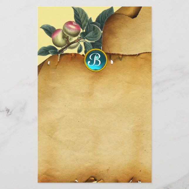 APPLE BRANCH,Parchment Blue Gemstone Monogram Stationery (Front)