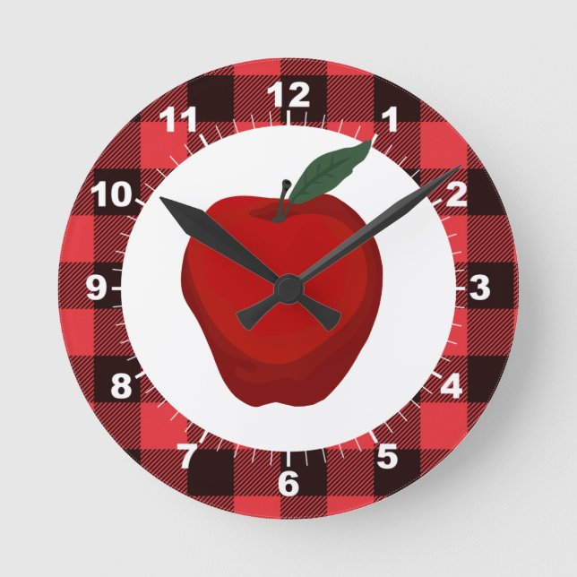 Apple Buffalo Plaid Kitchen Round Clock (Front)