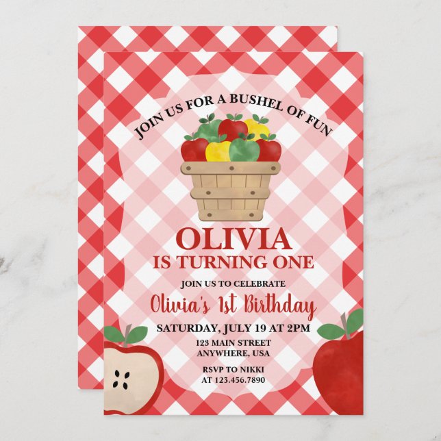 Apple Bushel of Fun 1st Birthday Invitation (Front/Back)