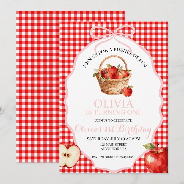 Apple Bushel of Fun 1st Birthday Invitation (Front/Back)
