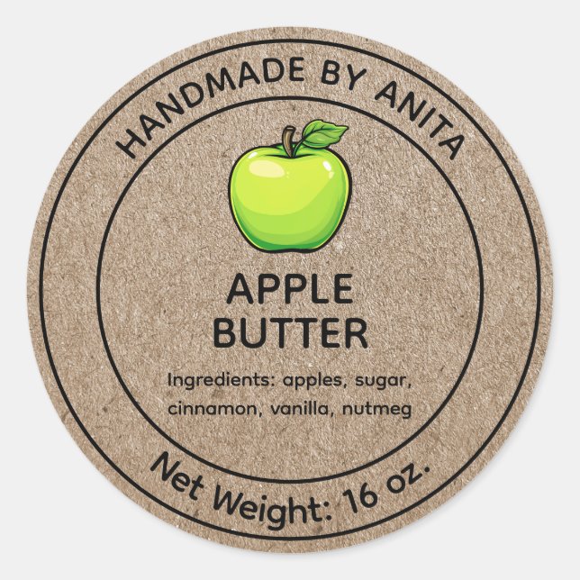 Apple Butter Jam Jelly Jar Label Kraft Paper Style (Front)