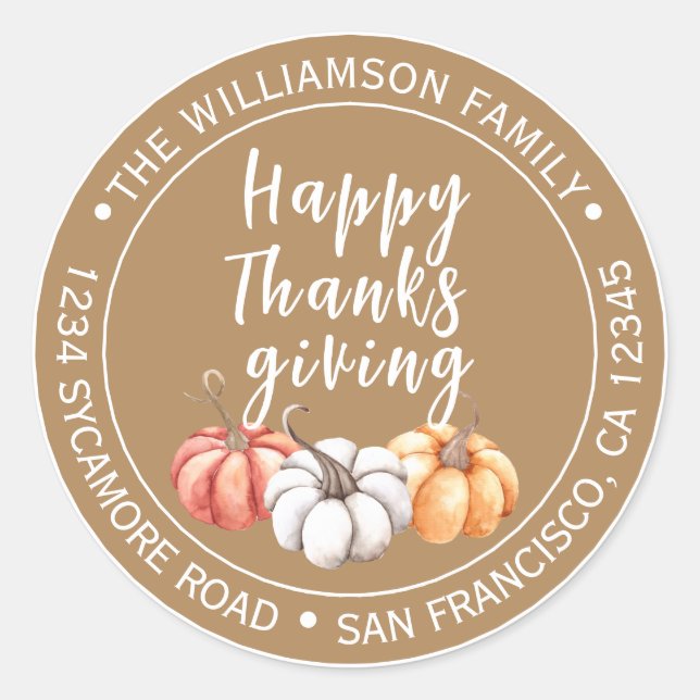 Apple Cinnamon Pumpkin Thanksgiving Return Address Classic Round Sticker (Front)