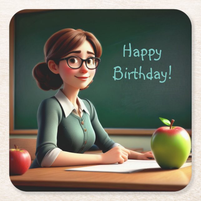 Apple for Teacher Birthday Square Paper Coaster (Front)