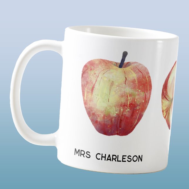 Apple Fruit Watercolor Personalised Teacher Coffee Mug (Apple watercolor personalized teacher gift coffee mug)