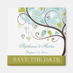Apple green and soft blue love birds save the date magnet