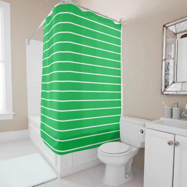 Apple Green and White Stripes Geometric Pattern Shower Curtain (In Situ)