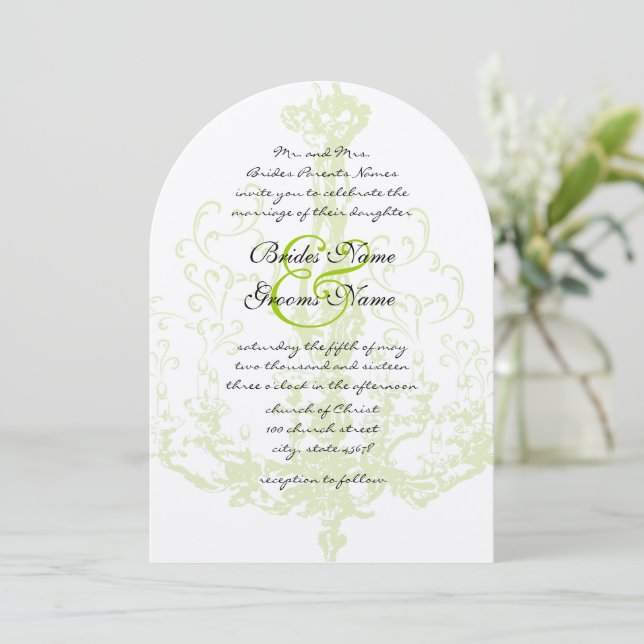 Apple Green Antique Chandelier Wedding Invitation (Standing Front)