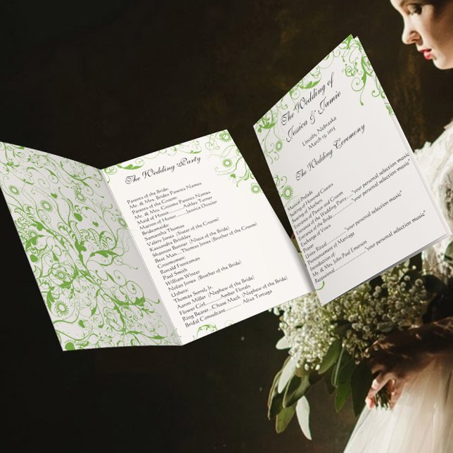 Apple Green Birds Swirl Order of Service Invitation (Creator Uploaded)