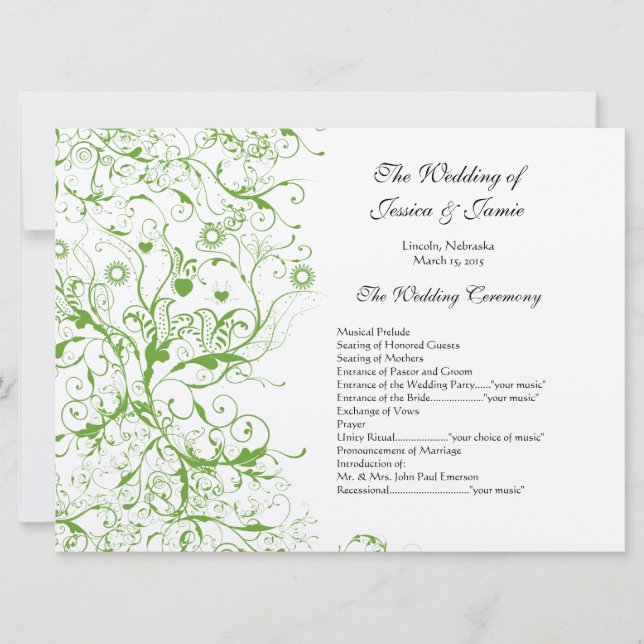 Apple Green Black Birds Swirl Order of Service Invitation (Front)