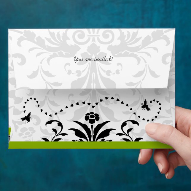 Apple Green Black Bubble Bee Damask Envelopes (Hand)